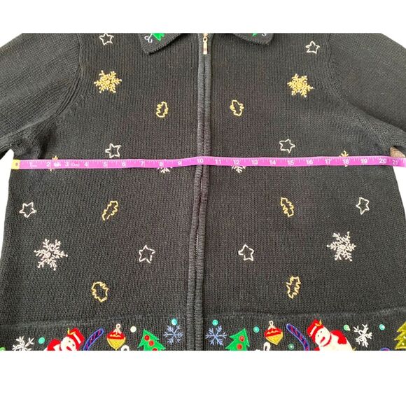 Keren Hart Vintage Embroidered Christmas Zip Up Black Cardigan, Size‎ Large - Picture 9 of 11